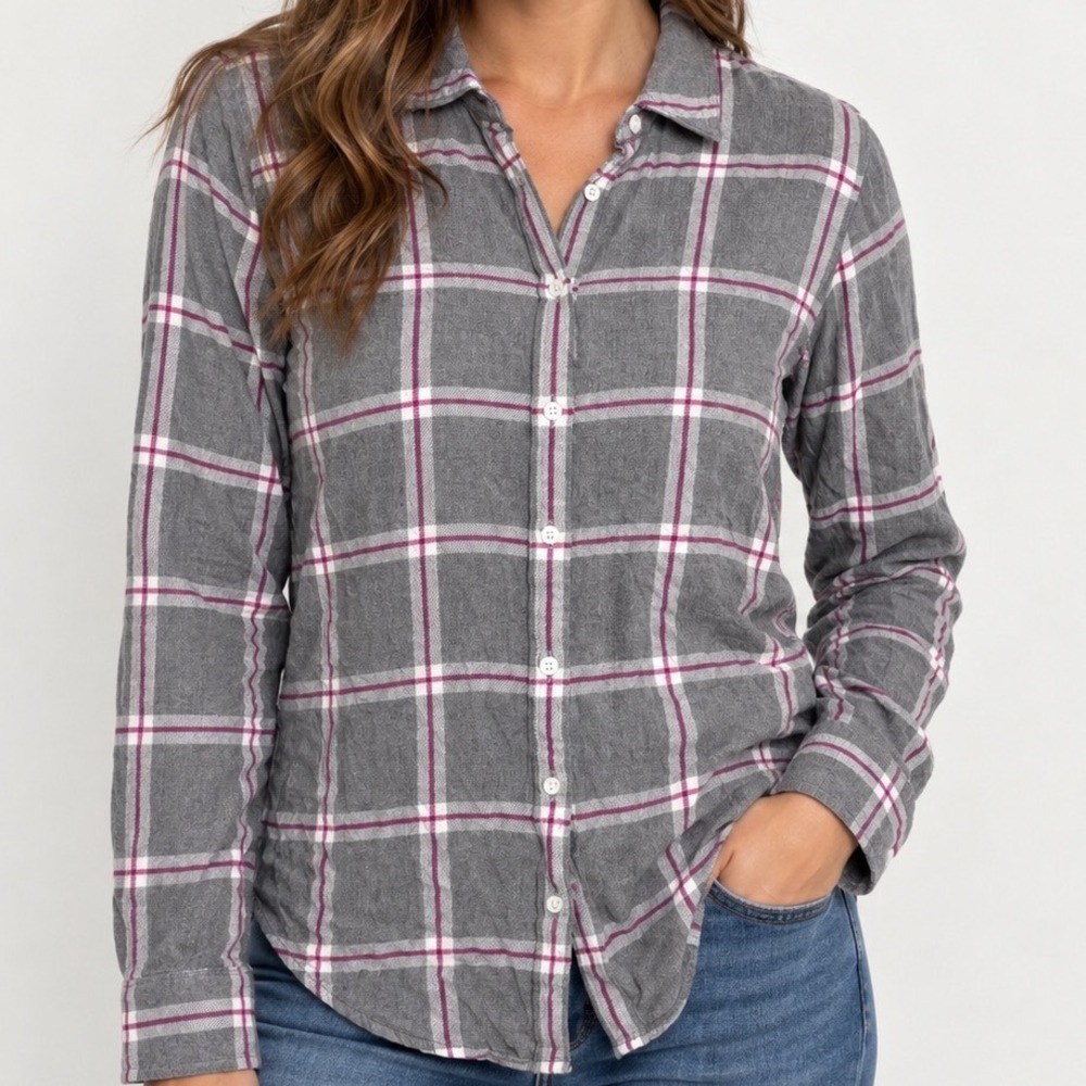 Banana Republic Dillon Classic Fit Plaid Button Down Shirt M Rayon Gray Pink
